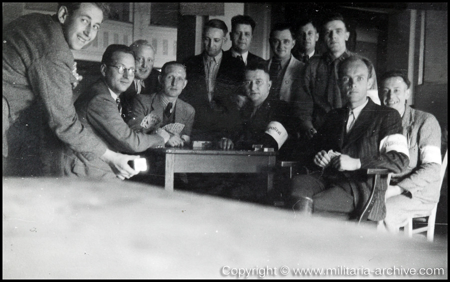 Polizei Bataillon 106, Kiel 1939. Men of Pol.Btl.106 wearing Hilfspolizei armbands at Eiderkrug am Schulensee, Hamburger Chaussee 349, Kiel, Germany (building later used by Pol.Btl.103).