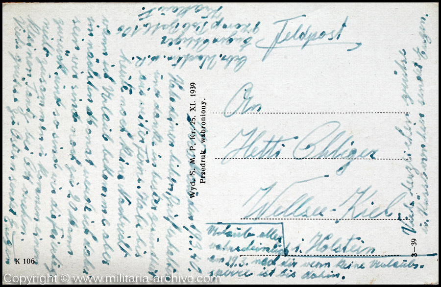 Polizei Bataillon 106, 9.Komp, Krakau, Poland 1940. W.d.R. Eugen Ohliger, Feldpost Krakau 19th March 1940.