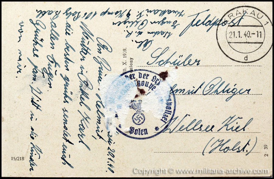 Polizei Bataillon 106, 9.Komp, Krakau, Poland 1940.  W.d.R. Eugen Ohliger, Feldpost Krakau 21st January 1940.
