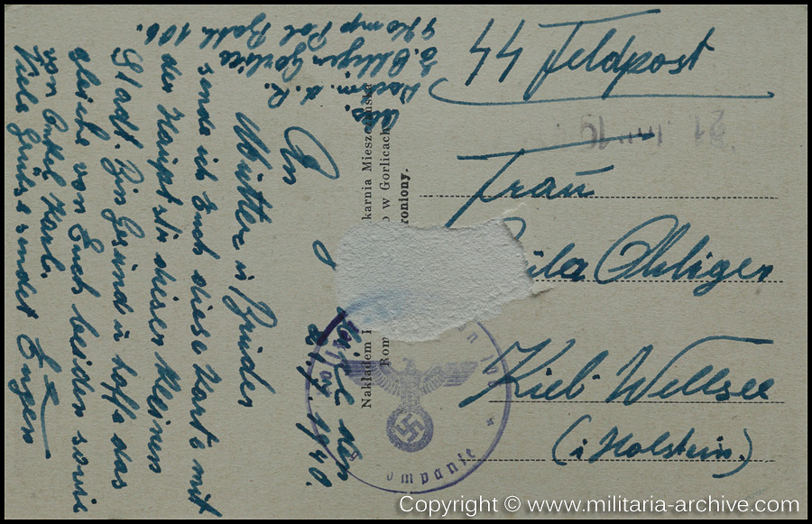 Polizei Bataillon 106, 9.Komp, Gorlice, Poland 1940. W.d.R. Eugen Ohliger, Feldpost Gorlice 21 July 1940.