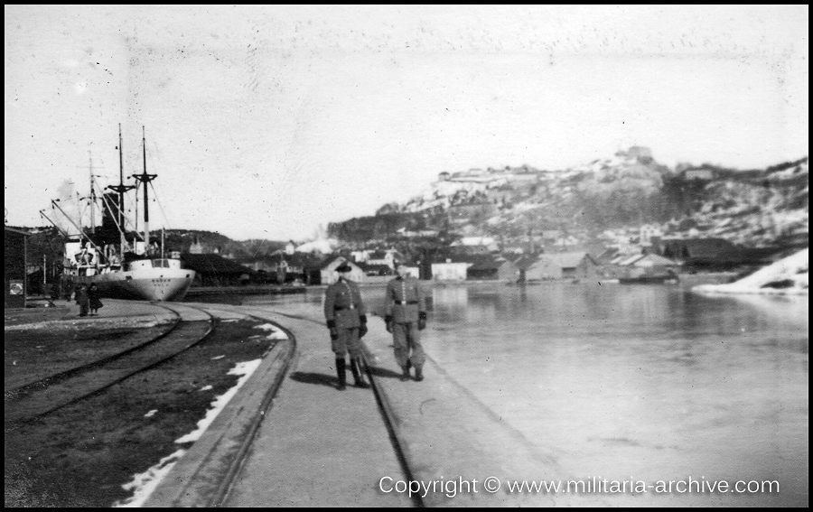 Polizei-Bataillon 251 1940 - 1941. Halden harbour, (Fredriksten fortress in the background).