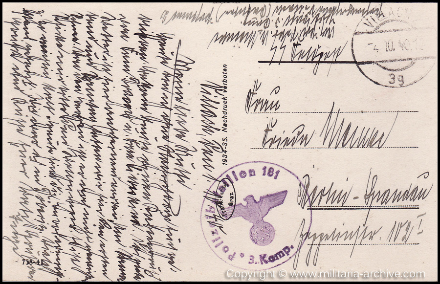 Collection of over180 items of Feldpost, Letters, Postcards, Telegraphs belonging to Polizei Obersekretär Adolf Meinke. The period covered includes 3.Komp, Pol.Btl.181, Polizei-Bataillon 2, 1. Kompanie Pol.Rgt 1, Pol.Rgt 14.