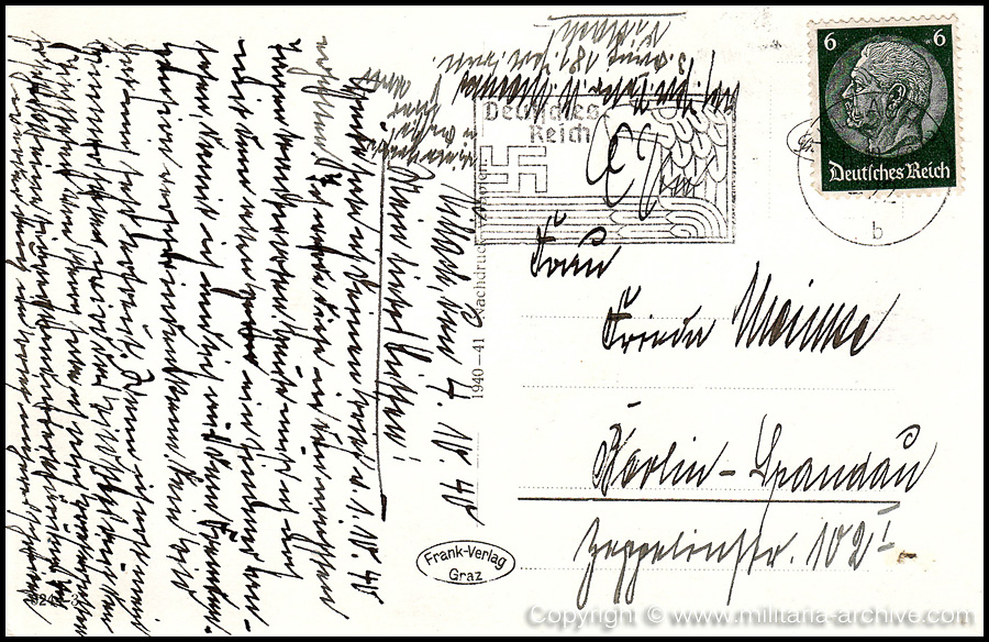 Collection of over180 items of Feldpost, Letters, Postcards, Telegraphs belonging to Polizei Obersekretär Adolf Meinke. The period covered includes 3.Komp, Pol.Btl.181, Polizei-Bataillon 2, 1. Kompanie Pol.Rgt 1, Pol.Rgt 14.