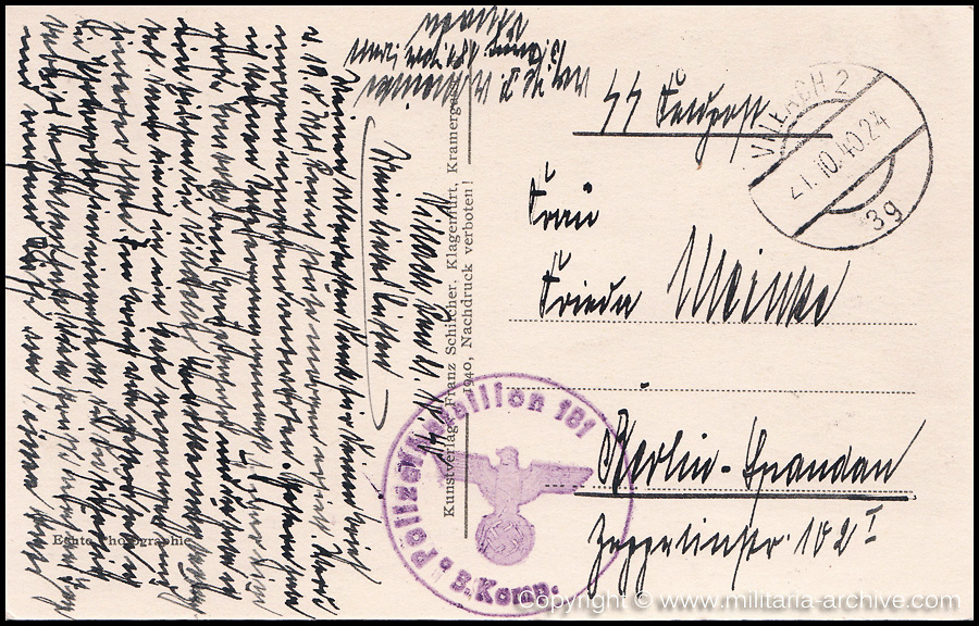 Collection of over180 items of Feldpost, Letters, Postcards, Telegraphs belonging to Polizei Obersekretär Adolf Meinke. The period covered includes 3.Komp, Pol.Btl.181, Polizei-Bataillon 2, 1. Kompanie Pol.Rgt 1, Pol.Rgt 14.