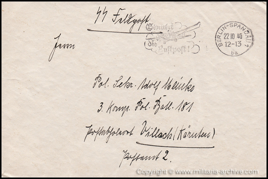 Collection of over180 items of Feldpost, Letters, Postcards, Telegraphs belonging to Polizei Obersekretär Adolf Meinke. The period covered includes 3.Komp, Pol.Btl.181, Polizei-Bataillon 2, 1. Kompanie Pol.Rgt 1, Pol.Rgt 14.