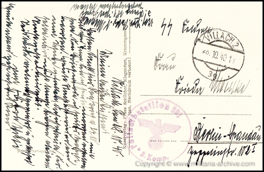 Collection of over180 items of Feldpost, Letters, Postcards, Telegraphs belonging to Polizei Obersekretär Adolf Meinke. The period covered includes 3.Komp, Pol.Btl.181, Polizei-Bataillon 2, 1. Kompanie Pol.Rgt 1, Pol.Rgt 14.