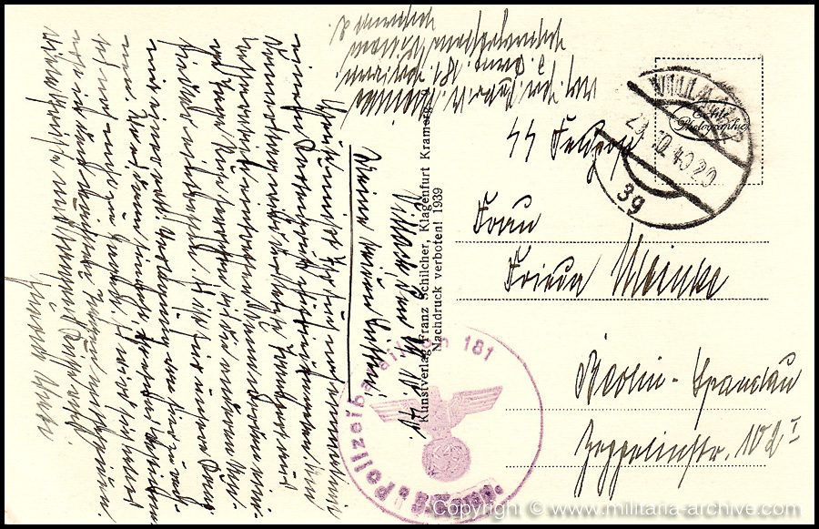 Collection of over180 items of Feldpost, Letters, Postcards, Telegraphs belonging to Polizei Obersekretär Adolf Meinke. The period covered includes 3.Komp, Pol.Btl.181, Polizei-Bataillon 2, 1. Kompanie Pol.Rgt 1, Pol.Rgt 14.