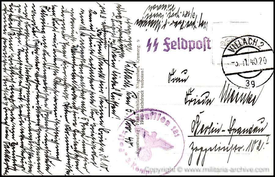 Collection of over180 items of Feldpost, Letters, Postcards, Telegraphs belonging to Polizei Obersekretär Adolf Meinke. The period covered includes 3.Komp, Pol.Btl.181, Polizei-Bataillon 2, 1. Kompanie Pol.Rgt 1, Pol.Rgt 14.