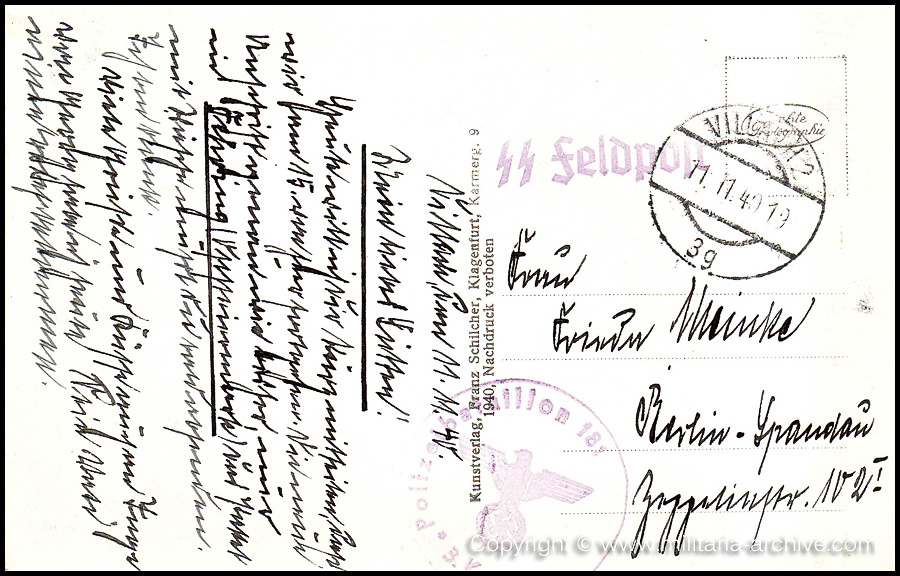 Collection of over180 items of Feldpost, Letters, Postcards, Telegraphs belonging to Polizei Obersekretär Adolf Meinke. The period covered includes 3.Komp, Pol.Btl.181, Polizei-Bataillon 2, 1. Kompanie Pol.Rgt 1, Pol.Rgt 14.