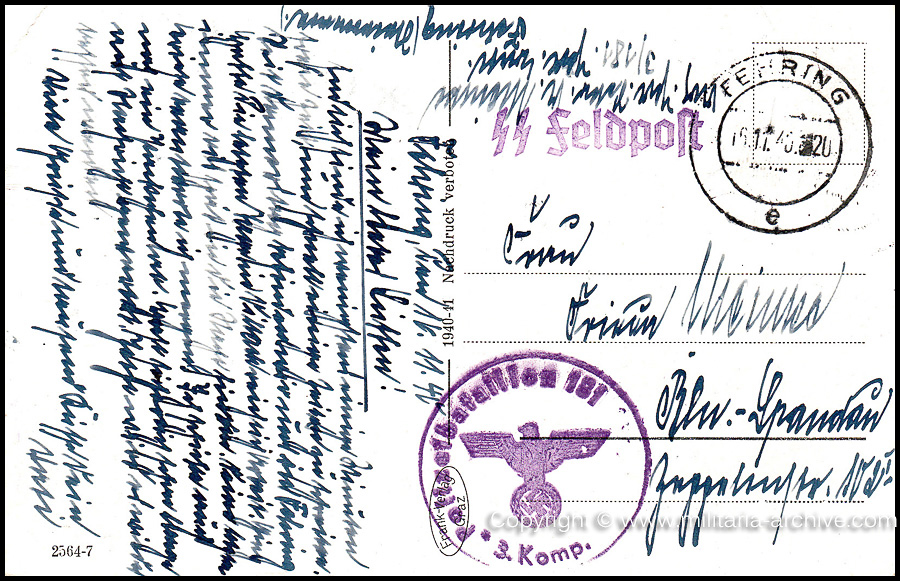 Collection of over180 items of Feldpost, Letters, Postcards, Telegraphs belonging to Polizei Obersekretär Adolf Meinke. The period covered includes 3.Komp, Pol.Btl.181, Polizei-Bataillon 2, 1. Kompanie Pol.Rgt 1, Pol.Rgt 14.