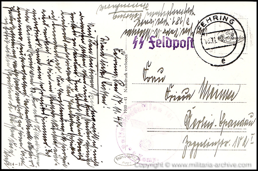 Collection of over180 items of Feldpost, Letters, Postcards, Telegraphs belonging to Polizei Obersekretär Adolf Meinke. The period covered includes 3.Komp, Pol.Btl.181, Polizei-Bataillon 2, 1. Kompanie Pol.Rgt 1, Pol.Rgt 14.