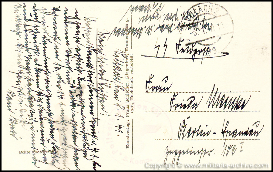 Collection of over180 items of Feldpost, Letters, Postcards, Telegraphs belonging to Polizei Obersekretär Adolf Meinke. The period covered includes 3.Komp, Pol.Btl.181, Polizei-Bataillon 2, 1. Kompanie Pol.Rgt 1, Pol.Rgt 14.