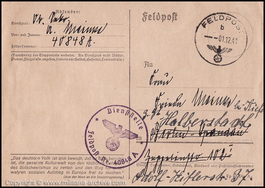 Collection of over180 items of Feldpost, Letters, Postcards, Telegraphs belonging to Polizei Obersekretär Adolf Meinke. The period covered includes 3.Komp, Pol.Btl.181, Polizei-Bataillon 2, 1. Kompanie Pol.Rgt 1, Pol.Rgt 14.