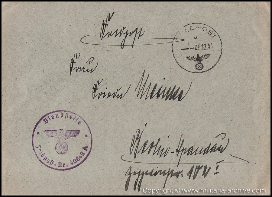 Collection of over180 items of Feldpost, Letters, Postcards, Telegraphs belonging to Polizei Obersekretär Adolf Meinke. The period covered includes 3.Komp, Pol.Btl.181, Polizei-Bataillon 2, 1. Kompanie Pol.Rgt 1, Pol.Rgt 14.