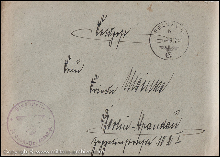 Collection of over180 items of Feldpost, Letters, Postcards, Telegraphs belonging to Polizei Obersekretär Adolf Meinke. The period covered includes 3.Komp, Pol.Btl.181, Polizei-Bataillon 2, 1. Kompanie Pol.Rgt 1, Pol.Rgt 14.