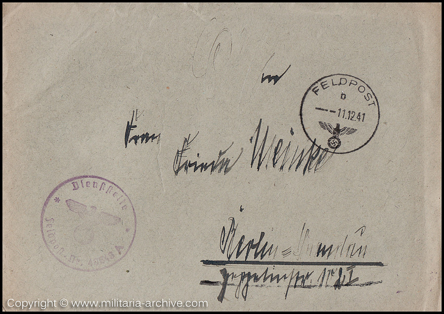 Collection of over180 items of Feldpost, Letters, Postcards, Telegraphs belonging to Polizei Obersekretär Adolf Meinke. The period covered includes 3.Komp, Pol.Btl.181, Polizei-Bataillon 2, 1. Kompanie Pol.Rgt 1, Pol.Rgt 14.