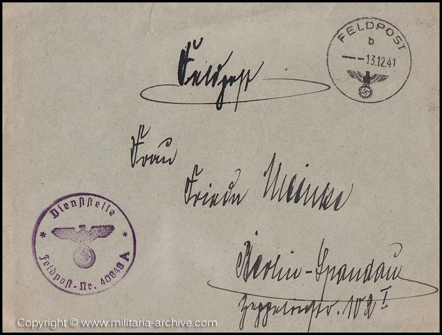 Collection of over180 items of Feldpost, Letters, Postcards, Telegraphs belonging to Polizei Obersekretär Adolf Meinke. The period covered includes 3.Komp, Pol.Btl.181, Polizei-Bataillon 2, 1. Kompanie Pol.Rgt 1, Pol.Rgt 14.