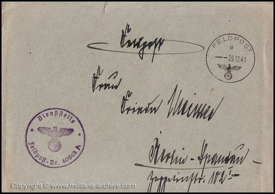 Collection of over180 items of Feldpost, Letters, Postcards, Telegraphs belonging to Polizei Obersekretär Adolf Meinke. The period covered includes 3.Komp, Pol.Btl.181, Polizei-Bataillon 2, 1. Kompanie Pol.Rgt 1, Pol.Rgt 14.