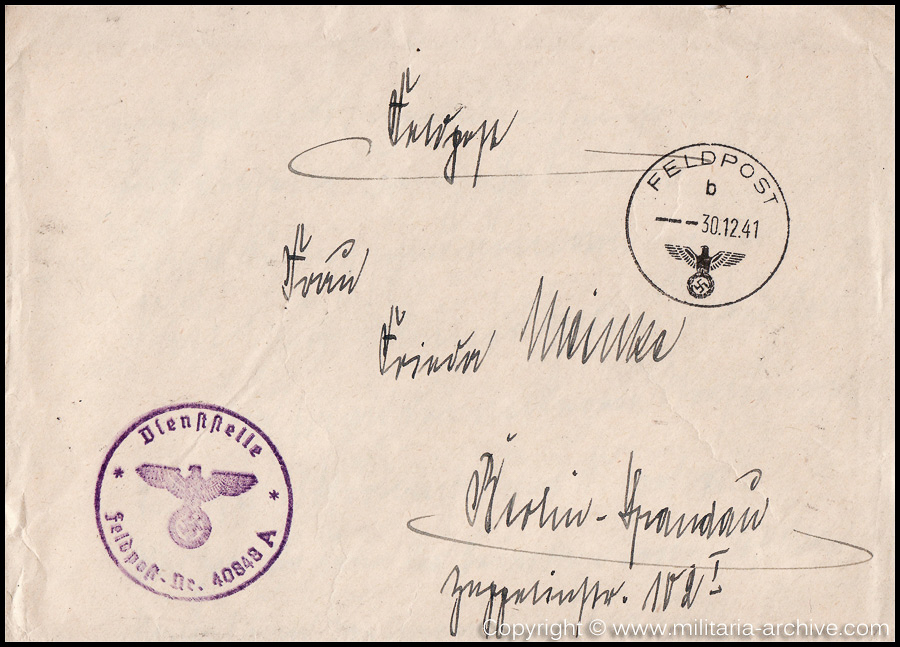 Collection of over180 items of Feldpost, Letters, Postcards, Telegraphs belonging to Polizei Obersekretär Adolf Meinke. The period covered includes 3.Komp, Pol.Btl.181, Polizei-Bataillon 2, 1. Kompanie Pol.Rgt 1, Pol.Rgt 14.