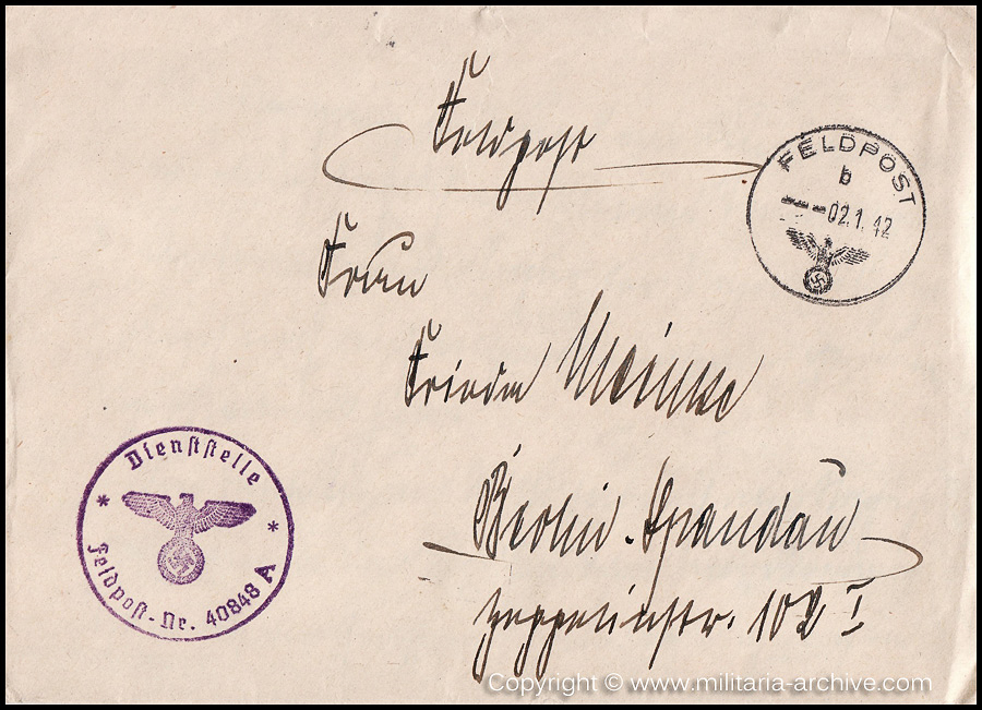 Collection of over180 items of Feldpost, Letters, Postcards, Telegraphs belonging to Polizei Obersekretär Adolf Meinke. The period covered includes 3.Komp, Pol.Btl.181, Polizei-Bataillon 2, 1. Kompanie Pol.Rgt 1, Pol.Rgt 14.