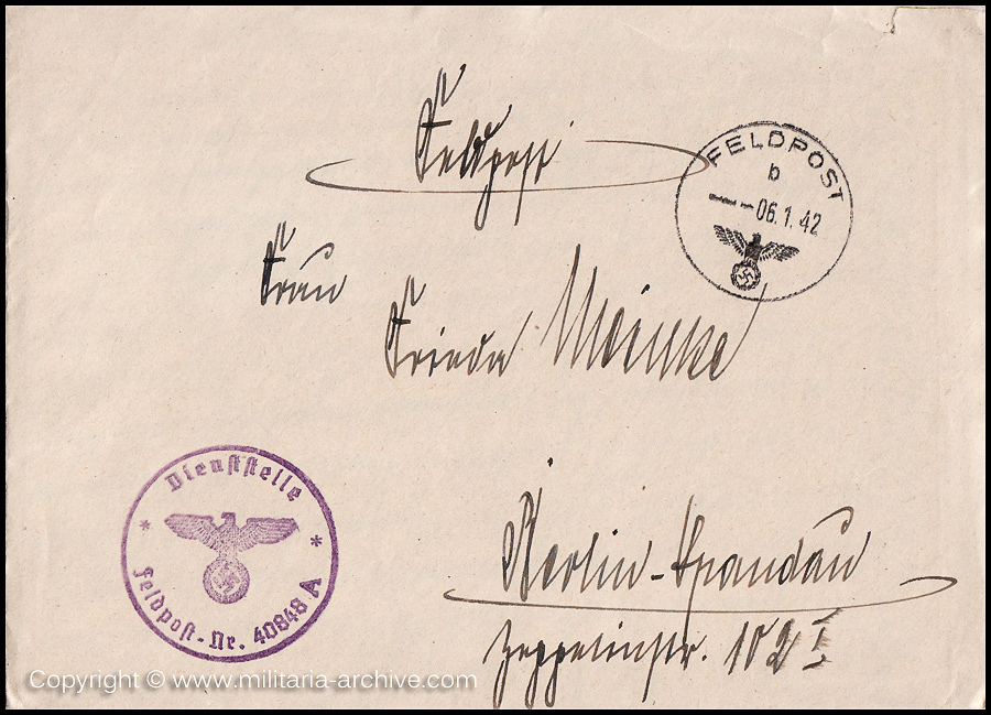 Collection of over180 items of Feldpost, Letters, Postcards, Telegraphs belonging to Polizei Obersekretär Adolf Meinke. The period covered includes 3.Komp, Pol.Btl.181, Polizei-Bataillon 2, 1. Kompanie Pol.Rgt 1, Pol.Rgt 14.