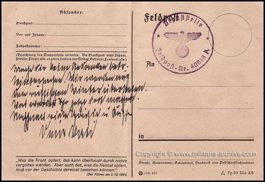 Collection of over180 items of Feldpost, Letters, Postcards, Telegraphs belonging to Polizei Obersekretär Adolf Meinke. The period covered includes 3.Komp, Pol.Btl.181, Polizei-Bataillon 2, 1. Kompanie Pol.Rgt 1, Pol.Rgt 14.