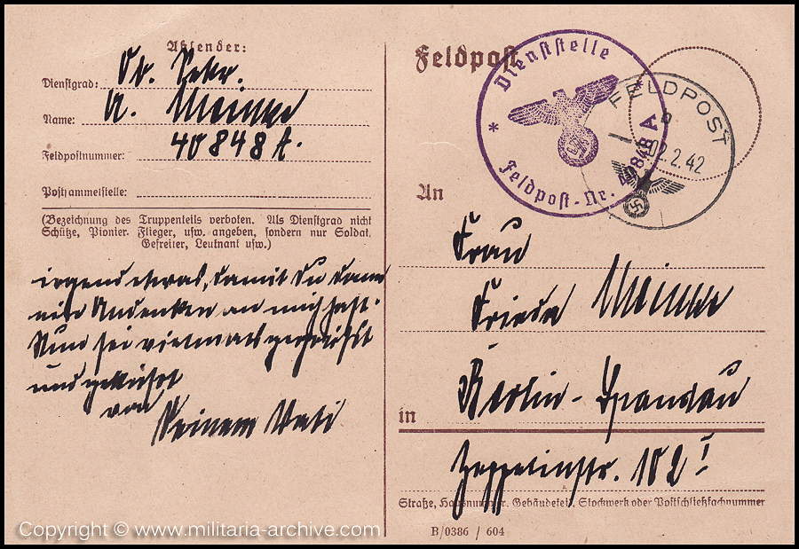 Collection of over180 items of Feldpost, Letters, Postcards, Telegraphs belonging to Polizei Obersekretär Adolf Meinke. The period covered includes 3.Komp, Pol.Btl.181, Polizei-Bataillon 2, 1. Kompanie Pol.Rgt 1, Pol.Rgt 14.