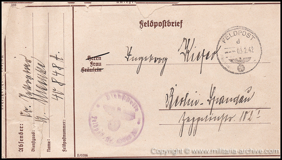 Collection of over180 items of Feldpost, Letters, Postcards, Telegraphs belonging to Polizei Obersekretär Adolf Meinke. The period covered includes 3.Komp, Pol.Btl.181, Polizei-Bataillon 2, 1. Kompanie Pol.Rgt 1, Pol.Rgt 14.