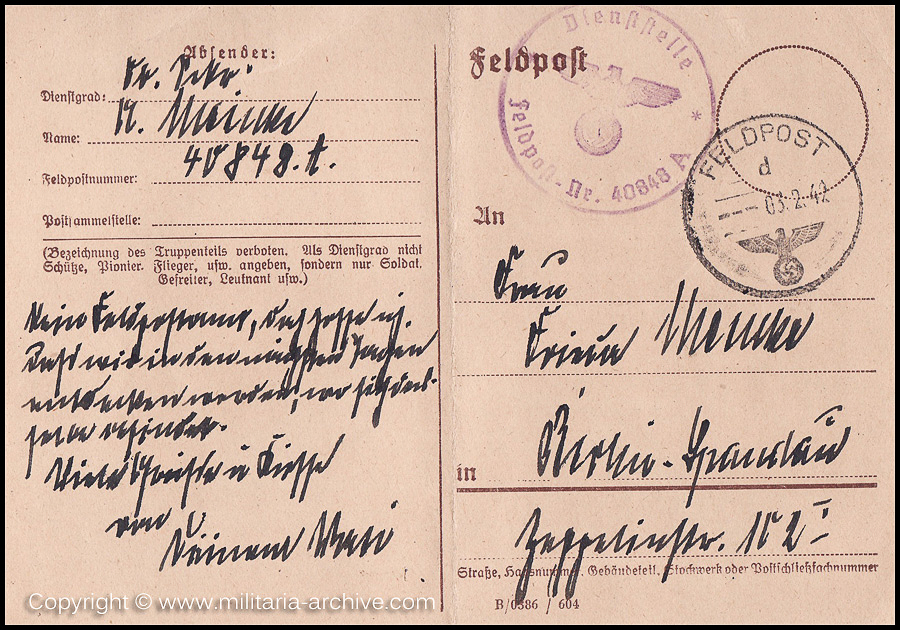 Collection of over180 items of Feldpost, Letters, Postcards, Telegraphs belonging to Polizei Obersekretär Adolf Meinke. The period covered includes 3.Komp, Pol.Btl.181, Polizei-Bataillon 2, 1. Kompanie Pol.Rgt 1, Pol.Rgt 14.