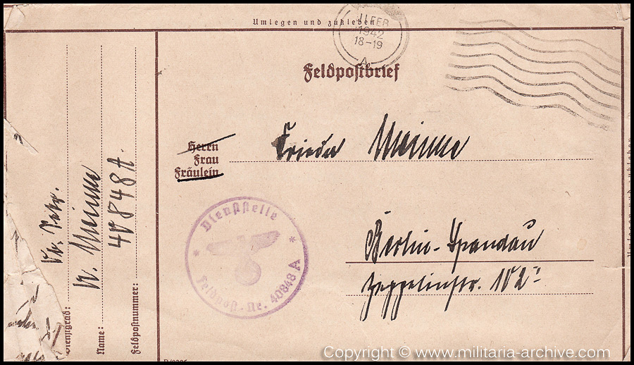 Collection of over180 items of Feldpost, Letters, Postcards, Telegraphs belonging to Polizei Obersekretär Adolf Meinke. The period covered includes 3.Komp, Pol.Btl.181, Polizei-Bataillon 2, 1. Kompanie Pol.Rgt 1, Pol.Rgt 14.