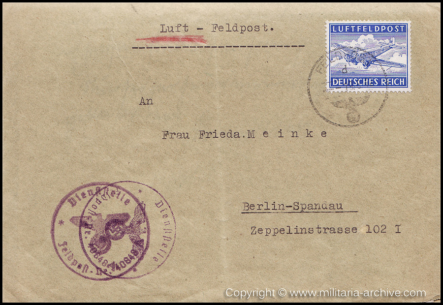 Collection of over180 items of Feldpost, Letters, Postcards, Telegraphs belonging to Polizei Obersekretär Adolf Meinke. The period covered includes 3.Komp, Pol.Btl.181, Polizei-Bataillon 2, 1. Kompanie Pol.Rgt 1, Pol.Rgt 14.