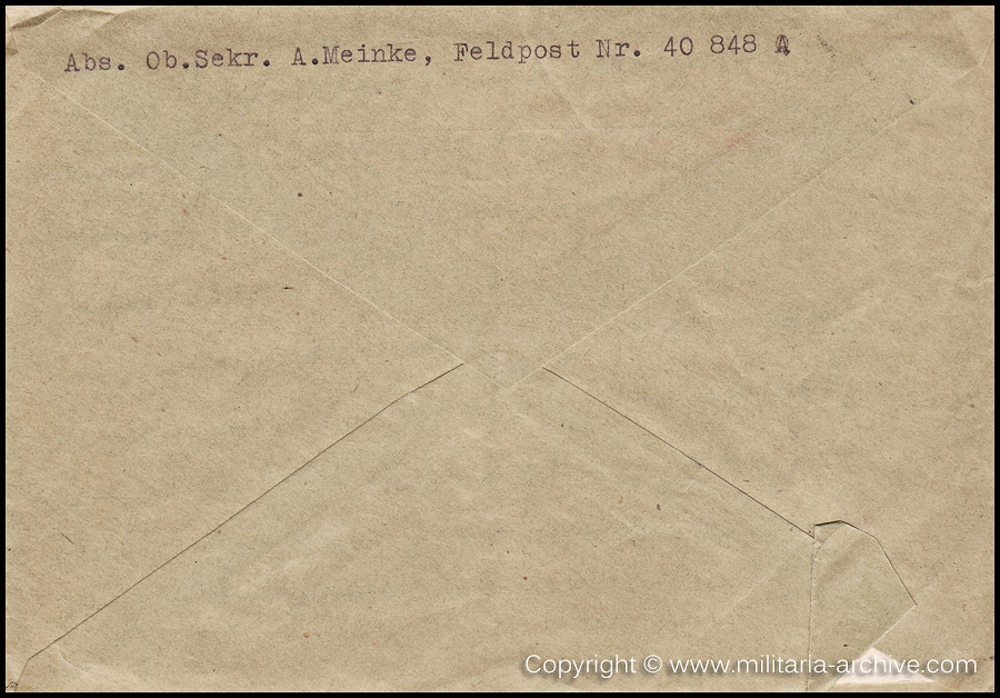 Collection of over180 items of Feldpost, Letters, Postcards, Telegraphs belonging to Polizei Obersekretär Adolf Meinke. The period covered includes 3.Komp, Pol.Btl.181, Polizei-Bataillon 2, 1. Kompanie Pol.Rgt 1, Pol.Rgt 14.