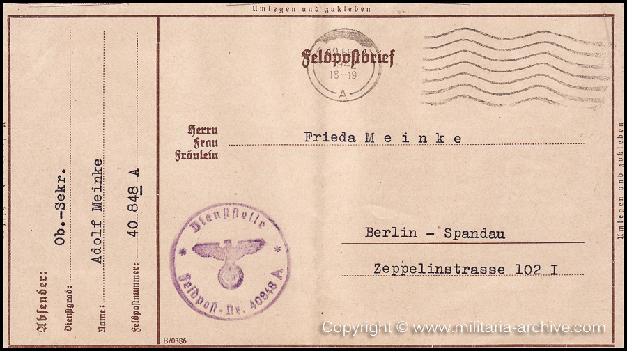 Collection of over180 items of Feldpost, Letters, Postcards, Telegraphs belonging to Polizei Obersekretär Adolf Meinke. The period covered includes 3.Komp, Pol.Btl.181, Polizei-Bataillon 2, 1. Kompanie Pol.Rgt 1, Pol.Rgt 14.