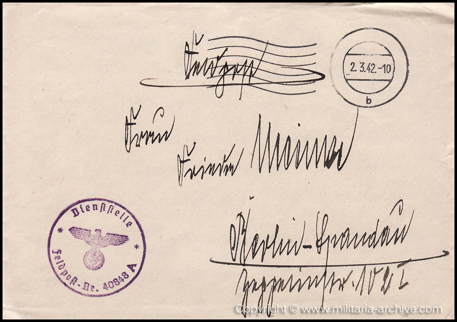 Collection of over180 items of Feldpost, Letters, Postcards, Telegraphs belonging to Polizei Obersekretär Adolf Meinke. The period covered includes 3.Komp, Pol.Btl.181, Polizei-Bataillon 2, 1. Kompanie Pol.Rgt 1, Pol.Rgt 14.