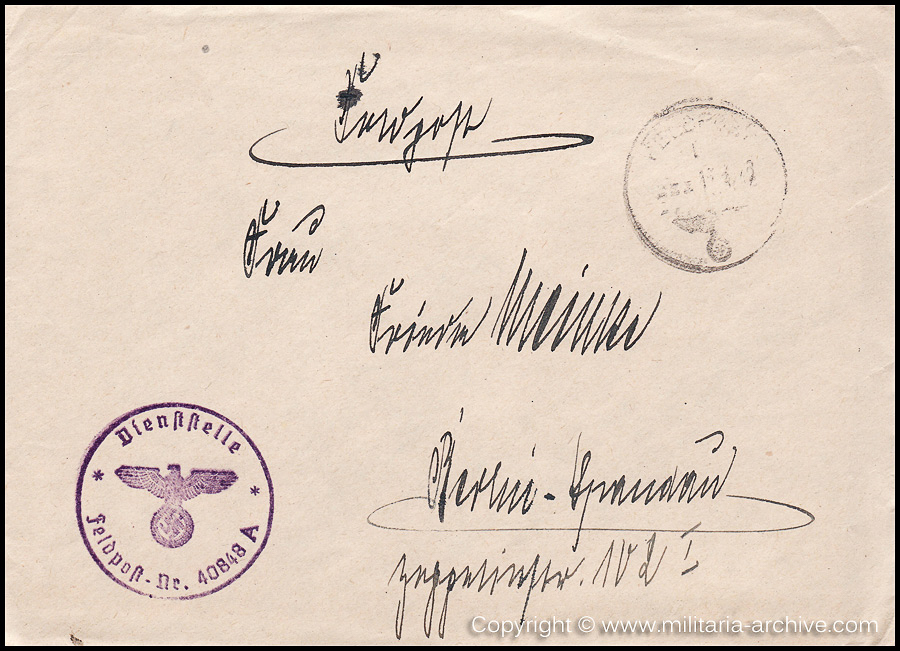 Collection of over180 items of Feldpost, Letters, Postcards, Telegraphs belonging to Polizei Obersekretär Adolf Meinke. The period covered includes 3.Komp, Pol.Btl.181, Polizei-Bataillon 2, 1. Kompanie Pol.Rgt 1, Pol.Rgt 14.