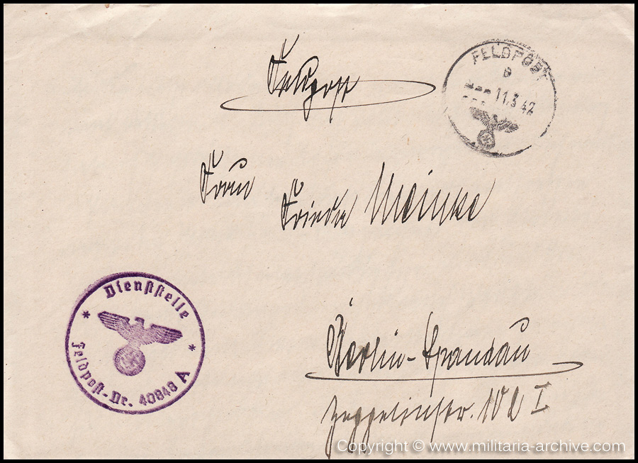 Collection of over180 items of Feldpost, Letters, Postcards, Telegraphs belonging to Polizei Obersekretär Adolf Meinke. The period covered includes 3.Komp, Pol.Btl.181, Polizei-Bataillon 2, 1. Kompanie Pol.Rgt 1, Pol.Rgt 14.