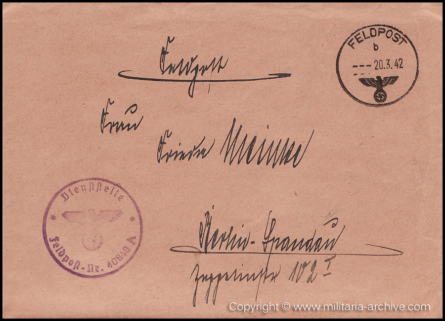 Collection of over180 items of Feldpost, Letters, Postcards, Telegraphs belonging to Polizei Obersekretär Adolf Meinke. The period covered includes 3.Komp, Pol.Btl.181, Polizei-Bataillon 2, 1. Kompanie Pol.Rgt 1, Pol.Rgt 14.