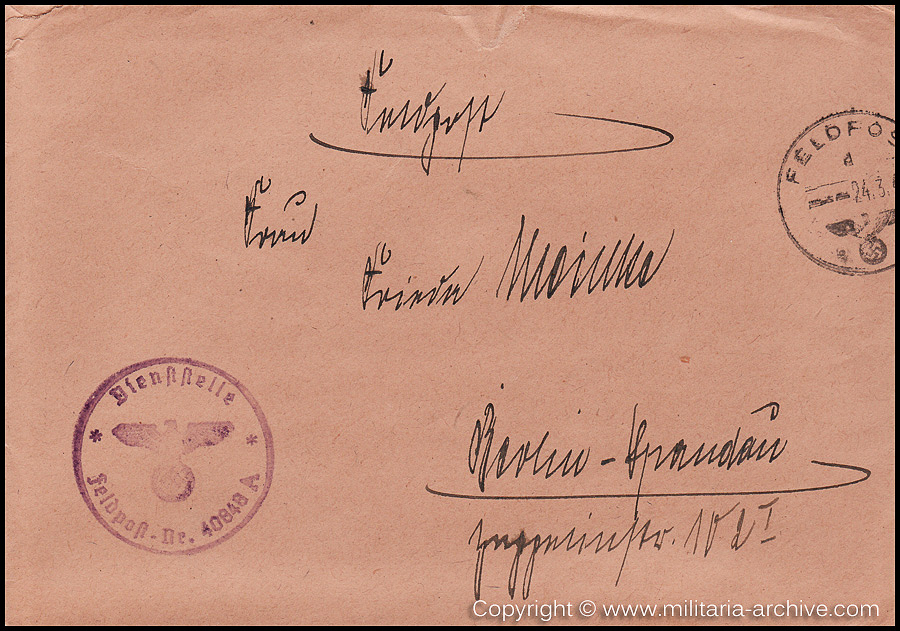 Collection of over180 items of Feldpost, Letters, Postcards, Telegraphs belonging to Polizei Obersekretär Adolf Meinke. The period covered includes 3.Komp, Pol.Btl.181, Polizei-Bataillon 2, 1. Kompanie Pol.Rgt 1, Pol.Rgt 14.