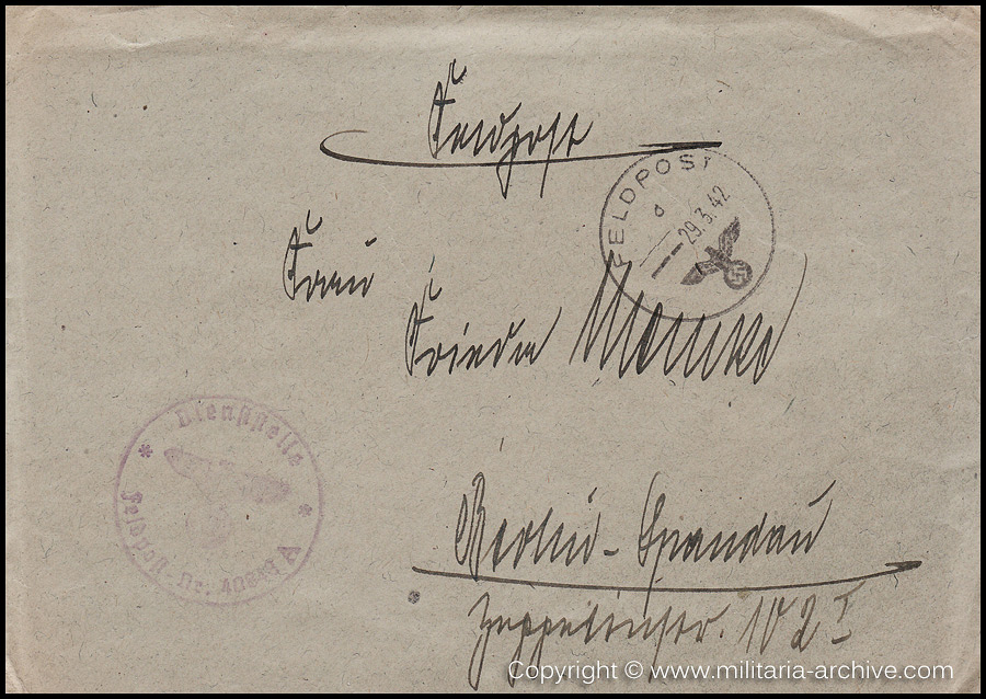 Collection of over180 items of Feldpost, Letters, Postcards, Telegraphs belonging to Polizei Obersekretär Adolf Meinke. The period covered includes 3.Komp, Pol.Btl.181, Polizei-Bataillon 2, 1. Kompanie Pol.Rgt 1, Pol.Rgt 14.