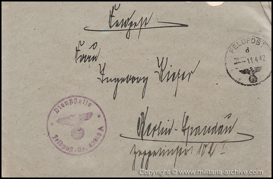 Collection of over180 items of Feldpost, Letters, Postcards, Telegraphs belonging to Polizei Obersekretär Adolf Meinke. The period covered includes 3.Komp, Pol.Btl.181, Polizei-Bataillon 2, 1. Kompanie Pol.Rgt 1, Pol.Rgt 14.