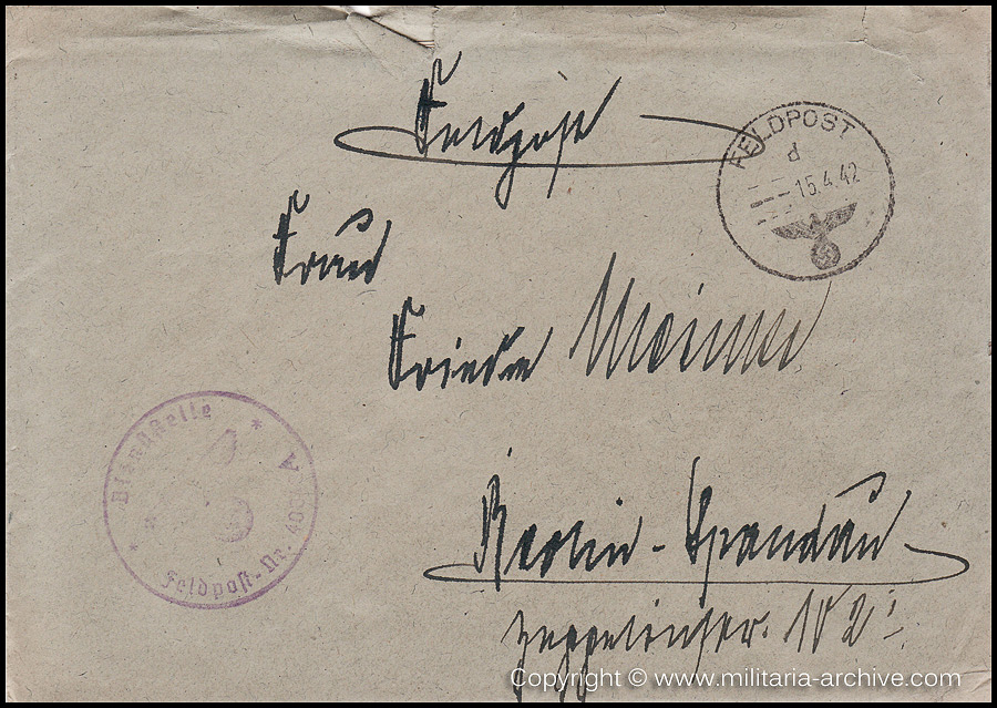 Collection of over180 items of Feldpost, Letters, Postcards, Telegraphs belonging to Polizei Obersekretär Adolf Meinke. The period covered includes 3.Komp, Pol.Btl.181, Polizei-Bataillon 2, 1. Kompanie Pol.Rgt 1, Pol.Rgt 14.