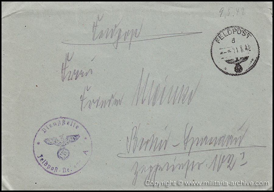 Collection of over180 items of Feldpost, Letters, Postcards, Telegraphs belonging to Polizei Obersekretär Adolf Meinke. The period covered includes 3.Komp, Pol.Btl.181, Polizei-Bataillon 2, 1. Kompanie Pol.Rgt 1, Pol.Rgt 14.