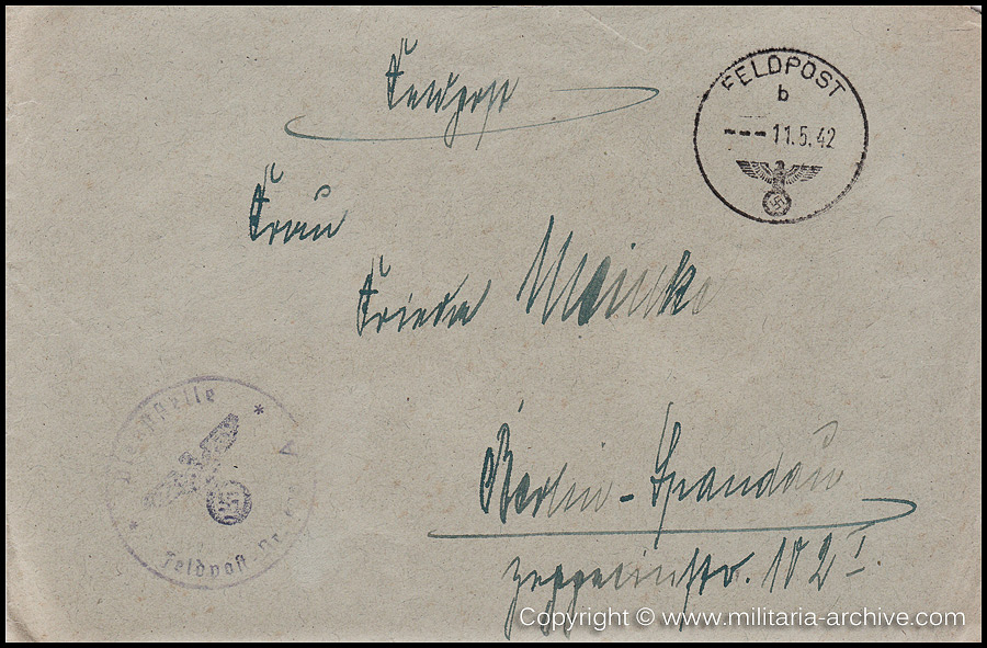 Collection of over180 items of Feldpost, Letters, Postcards, Telegraphs belonging to Polizei Obersekretär Adolf Meinke. The period covered includes 3.Komp, Pol.Btl.181, Polizei-Bataillon 2, 1. Kompanie Pol.Rgt 1, Pol.Rgt 14.