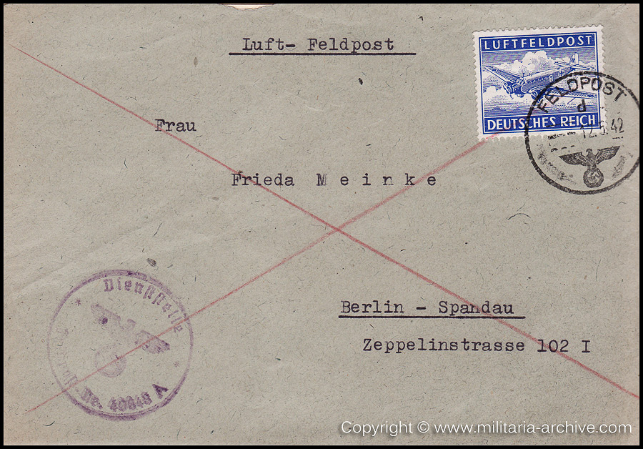 Collection of over180 items of Feldpost, Letters, Postcards, Telegraphs belonging to Polizei Obersekretär Adolf Meinke. The period covered includes 3.Komp, Pol.Btl.181, Polizei-Bataillon 2, 1. Kompanie Pol.Rgt 1, Pol.Rgt 14.