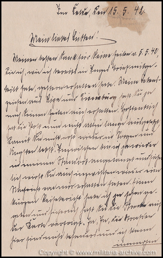 Collection of over180 items of Feldpost, Letters, Postcards, Telegraphs belonging to Polizei Obersekretär Adolf Meinke. The period covered includes 3.Komp, Pol.Btl.181, Polizei-Bataillon 2, 1. Kompanie Pol.Rgt 1, Pol.Rgt 14.