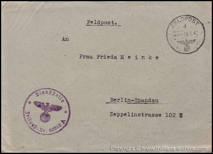 Collection of over180 items of Feldpost, Letters, Postcards, Telegraphs belonging to Polizei Obersekretär Adolf Meinke. The period covered includes 3.Komp, Pol.Btl.181, Polizei-Bataillon 2, 1. Kompanie Pol.Rgt 1, Pol.Rgt 14.