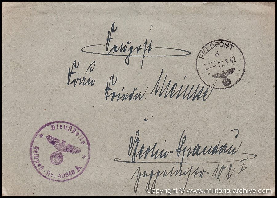 Collection of over180 items of Feldpost, Letters, Postcards, Telegraphs belonging to Polizei Obersekretär Adolf Meinke. The period covered includes 3.Komp, Pol.Btl.181, Polizei-Bataillon 2, 1. Kompanie Pol.Rgt 1, Pol.Rgt 14.