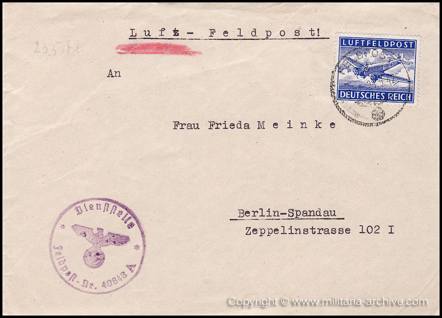 Collection of over180 items of Feldpost, Letters, Postcards, Telegraphs belonging to Polizei Obersekretär Adolf Meinke. The period covered includes 3.Komp, Pol.Btl.181, Polizei-Bataillon 2, 1. Kompanie Pol.Rgt 1, Pol.Rgt 14.