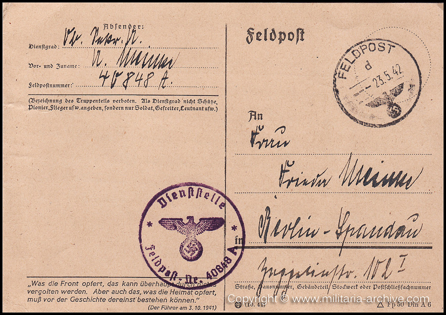 Collection of over180 items of Feldpost, Letters, Postcards, Telegraphs belonging to Polizei Obersekretär Adolf Meinke. The period covered includes 3.Komp, Pol.Btl.181, Polizei-Bataillon 2, 1. Kompanie Pol.Rgt 1, Pol.Rgt 14.