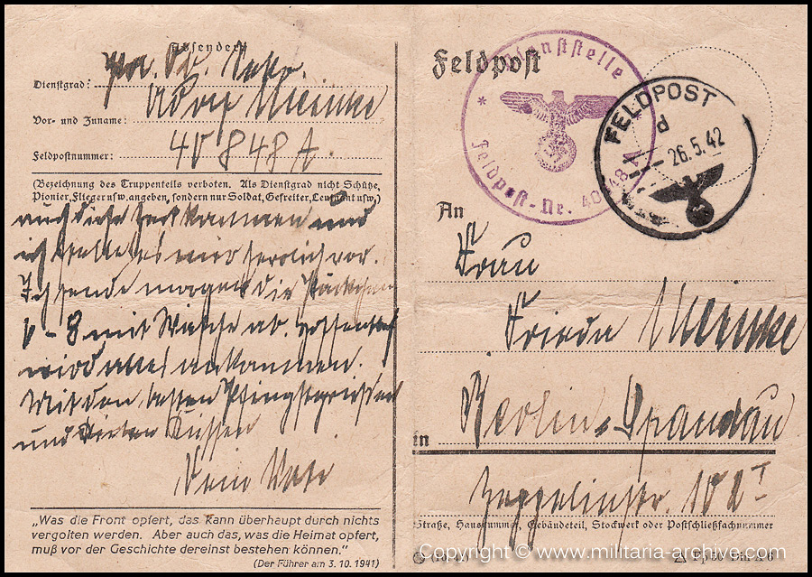 Collection of over180 items of Feldpost, Letters, Postcards, Telegraphs belonging to Polizei Obersekretär Adolf Meinke. The period covered includes 3.Komp, Pol.Btl.181, Polizei-Bataillon 2, 1. Kompanie Pol.Rgt 1, Pol.Rgt 14.